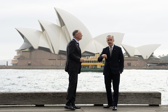 Canadian Defence Minister David McGuinty with Canadian Prime Minister Mark Carney in Sydney on Wednesday.