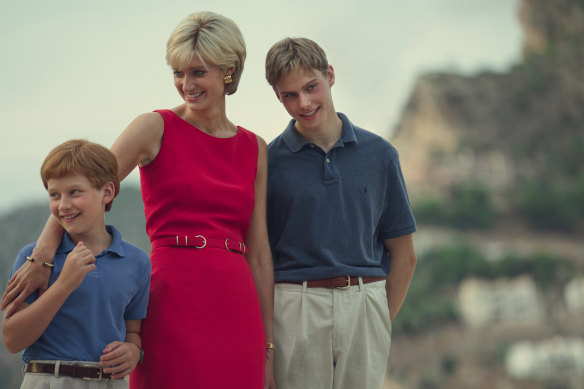 Elizabeth Debicki as Diana with Prince William (Rufus Kampa) and Prince Harry (Fflyn Edwards) in the final season of <i>The Crown</i>.