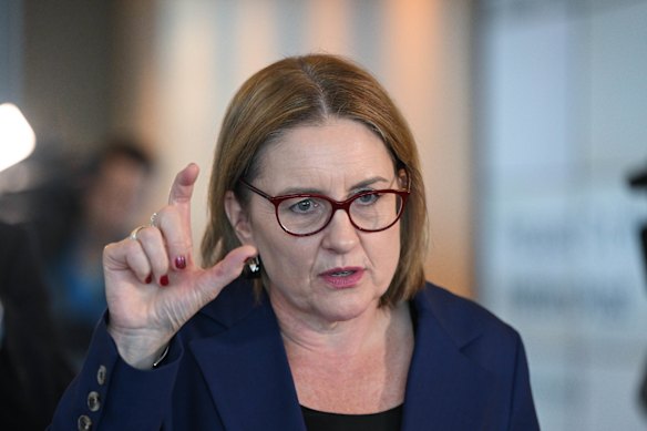 Premier Jacinta Allan talks with the media in the state budget lock-up on Tuesday.
