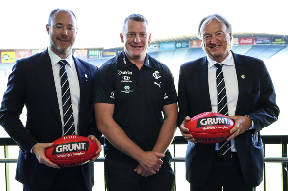 Carlton president Luke Sayers, senior coach Michael Voss and chief executive officer Brian Cook.
