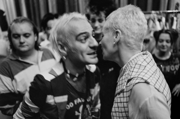 John Galliano congratulates Vivienne Westwood on her Anglomania show in 1993. 