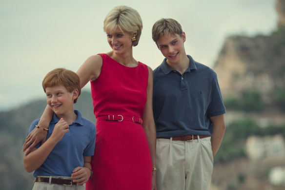 Elizabeth Debicki as Diana with Prince William (Rufus Kampa) and Prince Harry (Fflyn Edwards) in the final season of The Crown.