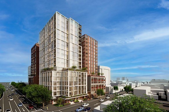 An artist’s impression of a 407-unit apartment development across two  towers in Collingwood.
