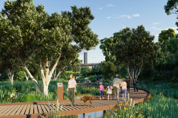 The master plan for the new Victoria Park Barrambin includes 18 kilometres of walkways, edible gardens , lagoons and adventure courses.