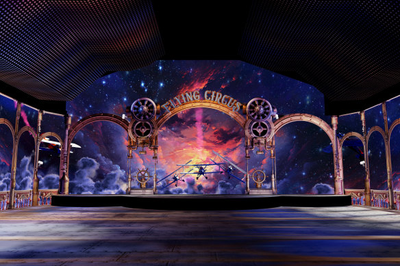 A scene with vintage planes and aerial acrobatics in Dream Circus.