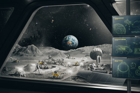 An artist’s impression showcasing how an Australian-made rover could contribute to a bigger international exploration program on the moon.
