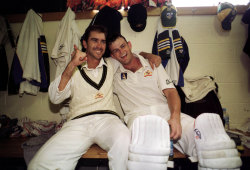 Justin Langer and Adam Gilchrist in 1999 after securing victory for Australia on day five of the second Test between Australia and Pakistan. Langer had nicked the ball but was given not out.