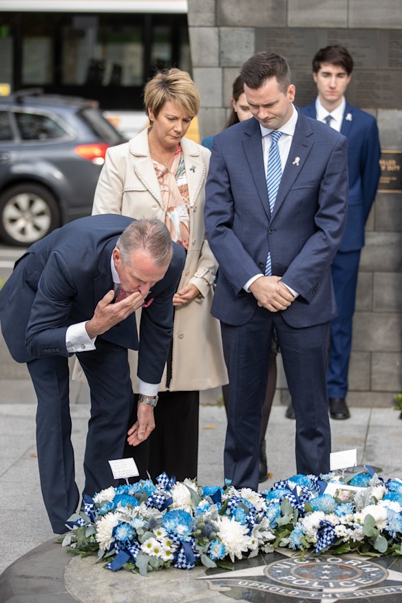 Andrew Prestney, father of Constable Josh Prestney, blows a kiss during the memorial.