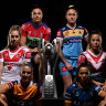 NRLW captains (l-r): Kezie Apps (Dragons), Ali Brigginshaw (Broncos), Millie Boyle (Knights), Britt Breayley-Nati (Titans), Tiana Penitani (Eels) and Isabelle Kelly (Roosters).