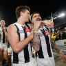 Brody Mihocek and Oleg Markov after Collingwood’s win over the Blues.