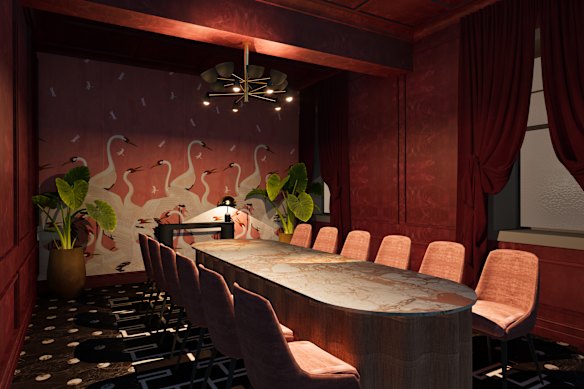 Representação de uma sala de jantar privativa do Hotel Terminus, com inauguração prevista para meados de 2026.