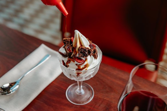 The sundae with cherry, chocolate brownie and sherry.