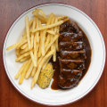 Steak frites with beef jus.