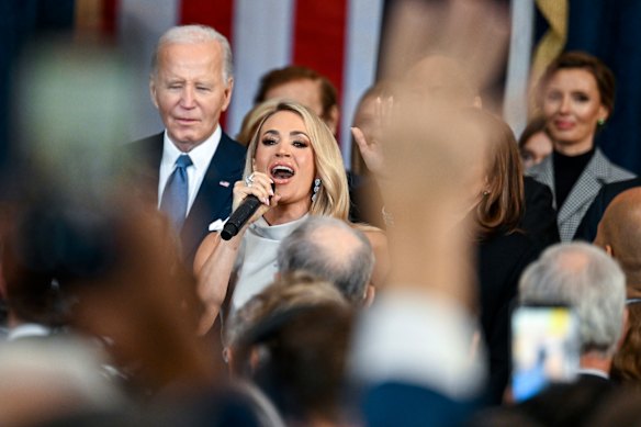 Carrie Underwood sings after President Donald Trump’s speech.