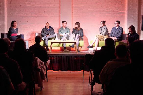 The Good Food Hospitality Symposium panel, from left to right, moderator Dani Valent, Mulberry CEO Leon Kennedy, Patrick Ryan-Parker from Lightspeed, Lune’s Kate Reid, Almay Jordaan from Old Palm Liquor and Neighbourhood Wine, Charlie Carrington from Atlas Dining and Ardyn Bernoth, national editor of Good Food.