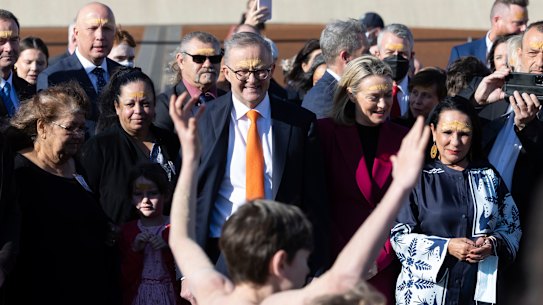 Senator Malarndirri McCarthy and Opposition Leader Anthony Albanese during a Labor caucus event to celebrate NAIDOC week by observing a Welcome to Country and Smoking Ceremony, at Parliament House in Canberra on  Tuesday 10 November 2020. fedpol Photo: Alex Ellinghausen