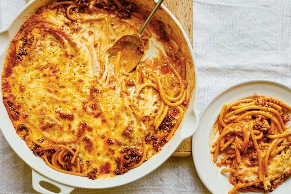 This pastitsio’s ragu, pasta and sauce are all cooked in the same pan.