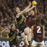 MELBOURNE, AUSTRALIA - MAY 21: Jack Riewoldt of the Tigers attempts to mark the ball during the round 10 AFL match between the Richmond Tigers and the Essendon Bombers at Melbourne Cricket Ground on May 21, 2022 in Melbourne, Australia. (Photo by Darrian Traynor/Getty Images)