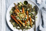 Danielle Alvarez recipes: Whole roast carrots with lentils, goats curd and garlic chips.