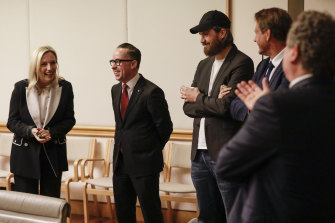 Christine Holgate, Alan Joyce and Mike Cannon-Brookes at the inaugural meeting of the Nation Brand Advisory Council in Canberra in June 2018. 