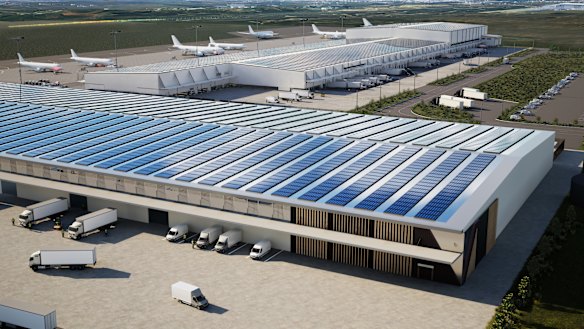 An artist’s impression of the massive air cargo hub planned for Western Sydney Airport.