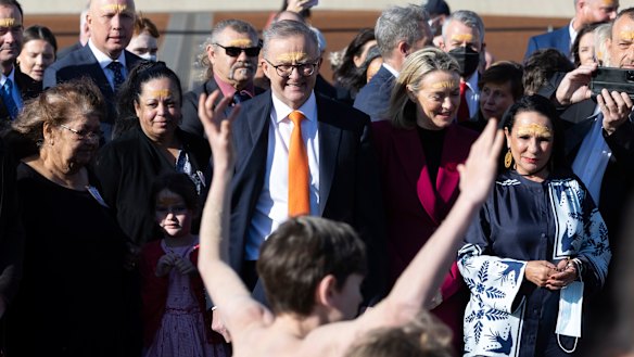 Prime Minister Anthony Albanese during a Welcome to Country ceremony at Parliament House on Tuesday.