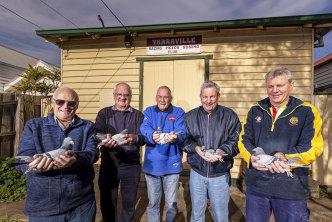 Goodbye clubhouse: Some of the eight remaining Yarraville Racing Pigeon Club members (left to right) Bernie Osmond, Les Staehr, Laurie Moore, Allan Saggers and John Saggers.