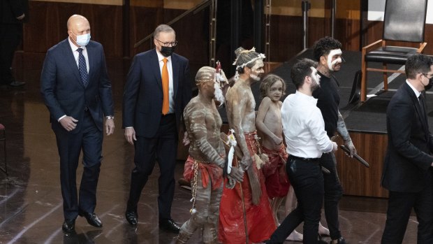 Opposition Leader Peter Dutton and Prime Minister Anthony Albanese during a Welcome to Country ceremony to mark the start of the 47th parliament.