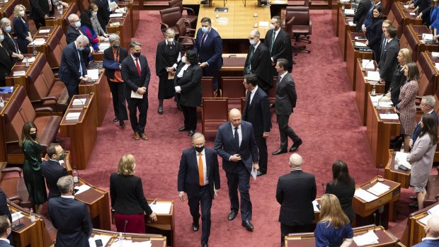 Prime Minister Anthony Albanese and Opposition Leader Peter Dutton exit the Senate.