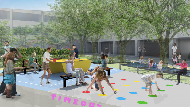 Woden Town Square is set to be "activated" with outdoor offices, turf and sun lounges, table tennis facilities and pop-up food and drink vendors. The six-month project is called the #WodenExperiment