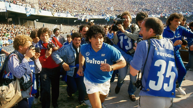 Diego Maradona entering the San Paolo stadium. Director Asif Kapadia's film about Maradona is now in cinemas.
