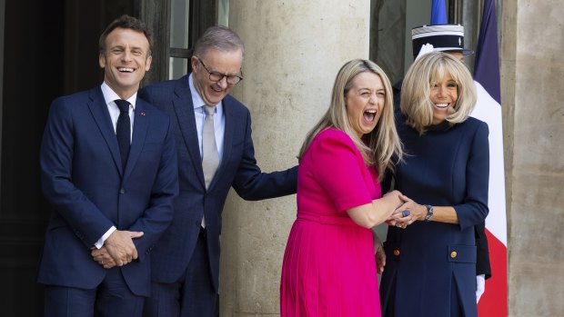 Prime Minister Anthony Albanese and his partner Jodie Haydon with French President Emmanuel Macron and his wife Brigitte outside the Élysée Palace in Paris.