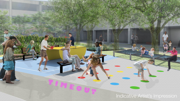 Woden Town Square is set to be "activated" with outdoor offices, turf and sun lounges, table tennis facilities and pop-up food and drink vendors. The six-month project is called the #WodenExperiment