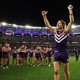 Nat Fyfe of the Dockers acknowledges supporters on Friday night.