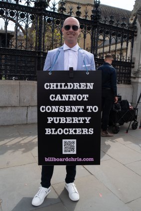 “Billboard Chris” campaigns in London against children being given puberty blockers when they want to change sex. 
