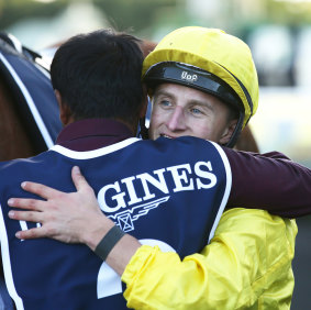 Tom Marquand hugs Safid Alam after winning the Queen Elizabeth Stakes on Saturday.