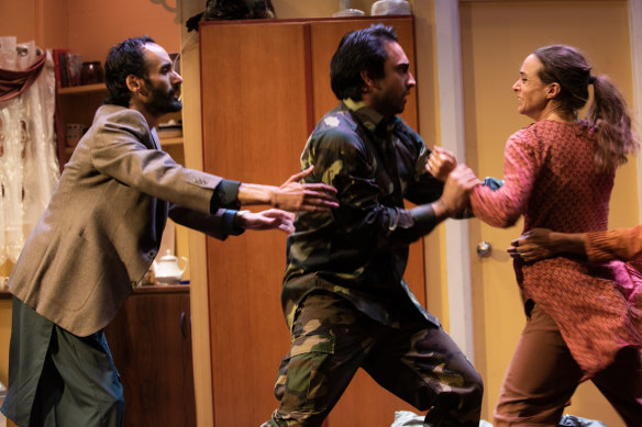 Farhad Zaiwala, Khisraw Jones-Shukoor, Claudia Greenstone in a scene from Selling Kabul.