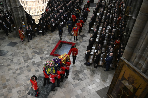 The Queen’s coffin in Westminster Abbey.