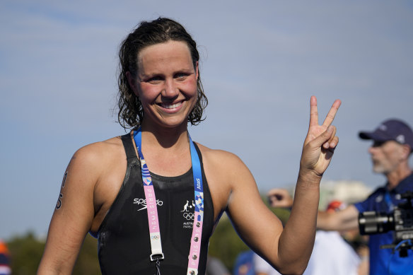 Silver medallist Australia’s Moesha Johnson celebrates at the end of the marathon swimming women’s 10km competition 