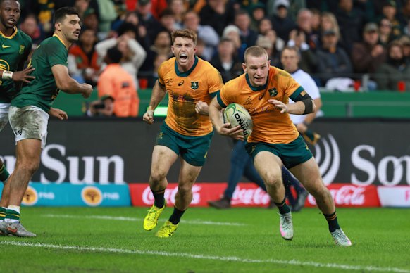 Max Jorgensen scores a try against the Springboks in Johannesburg in August.