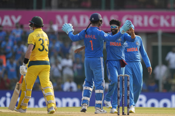 Ravindra Jadeja celebrates the wicket of Marnus Labuschagne.