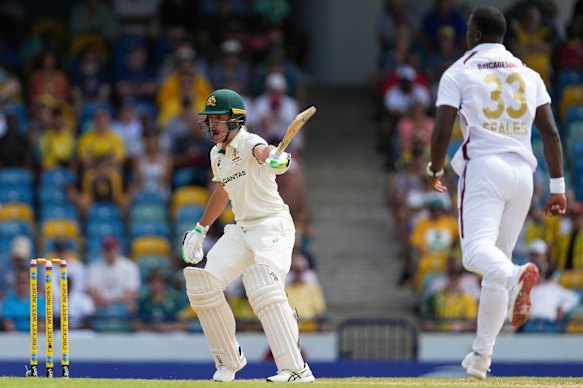 Australia’s Sam Konstas plays a shot from the delivery of West Indies’ Jayden Seales during day one of the first cricket Test match at Kensington Stadium in Bridgetown, Barbados.