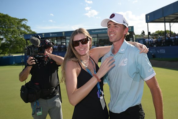David Puig of Spain celebrates winning the tournament with his fiancé Berta Sanchez.