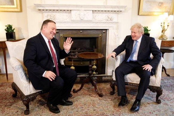 US Secretary of State Mike Pompeo and British Prime Minister Boris Johnson discuss the role of Huawei in British 5G networks at Downing Street on January 30.
