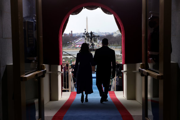 New US Vice-President Kamala Harris and husband Douglas Emhoff arrive for the inauguration.