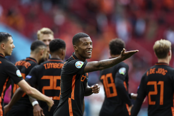 Georginio Wijnaldum of the Netherlands celebrates after scoring his side’s second goal.