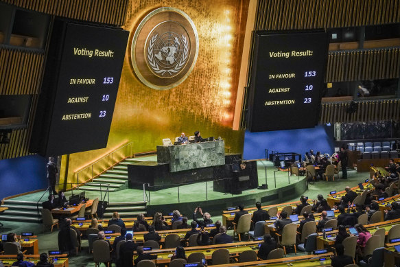 Display monitors show the result of voting in the United Nations General Assembly in December for a ceasefire. 