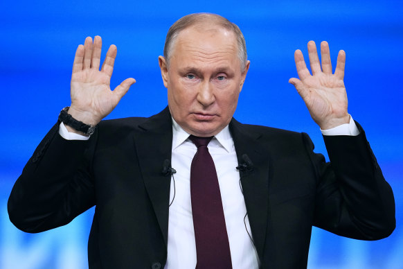Russian President Vladimir Putin speaks in Moscow at his annual news conference this month.