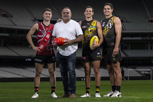 Jade Gresham, Essendon great Michael Long, Daniel Rioli and Richmond’s Joel Garner promote the Dreamtime game.