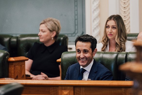 Prime Minister David Crisafulli and Youth Justice Minister Laura Gerber (back right) will expand the LNP's adult crime and adult time bill in parliament this week.
